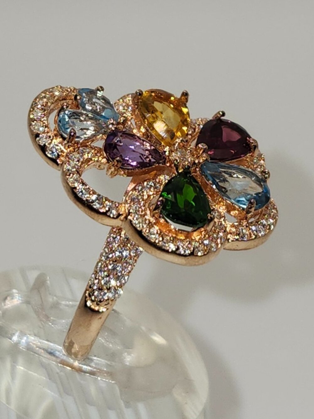 .925 Sterling Silver/Rose Gold Amethyst/Garnet/Citrine/Topaz/Diopside Ring Sz 8
